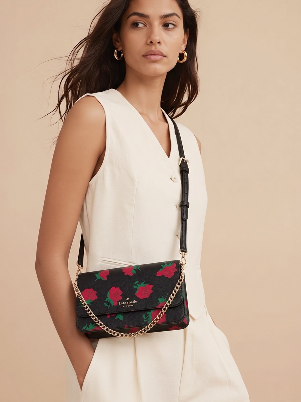 NWT Kate Spade Madison Rose Toss Black Red Chain-Handle Crossbody Bag Purse